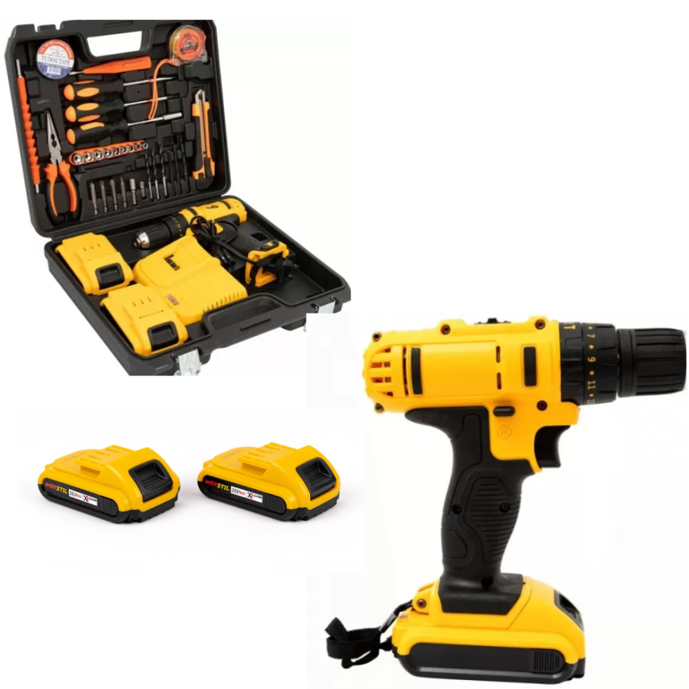 Kit burghiu fără fir de 36V – 2 baterii, ciocan, 30 de accesorii + set de perii gratuit