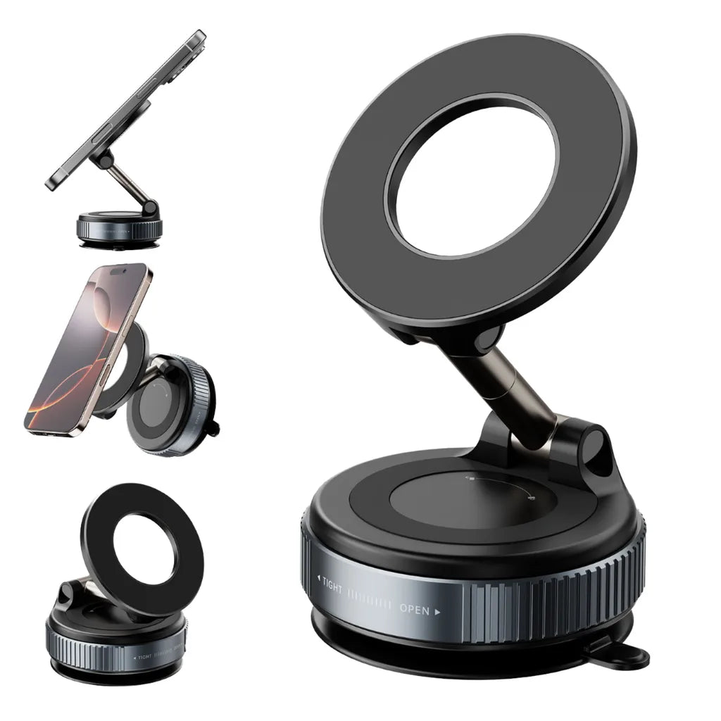 1+1 CADOU Suport Telefon Magnetic cu Prindere Vacuum, Rotire 360°, Fără Adeziv, Compatibil MagSafe, Auto și Birou – Negru Strălucitor