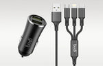 1+1 CADOU Încărcător Auto cu 2 Porturi USB, 2.4A, 12W, Cablu 3 în 1 USB-C / Lightning / Micro USB Inclus – Negru