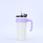 Set 4 x Pahar termic de 860 ml cu maner, capac si pai, izolat, din otel inoxidabil, reutilizabil, ideal pentru cafea si calatorii.