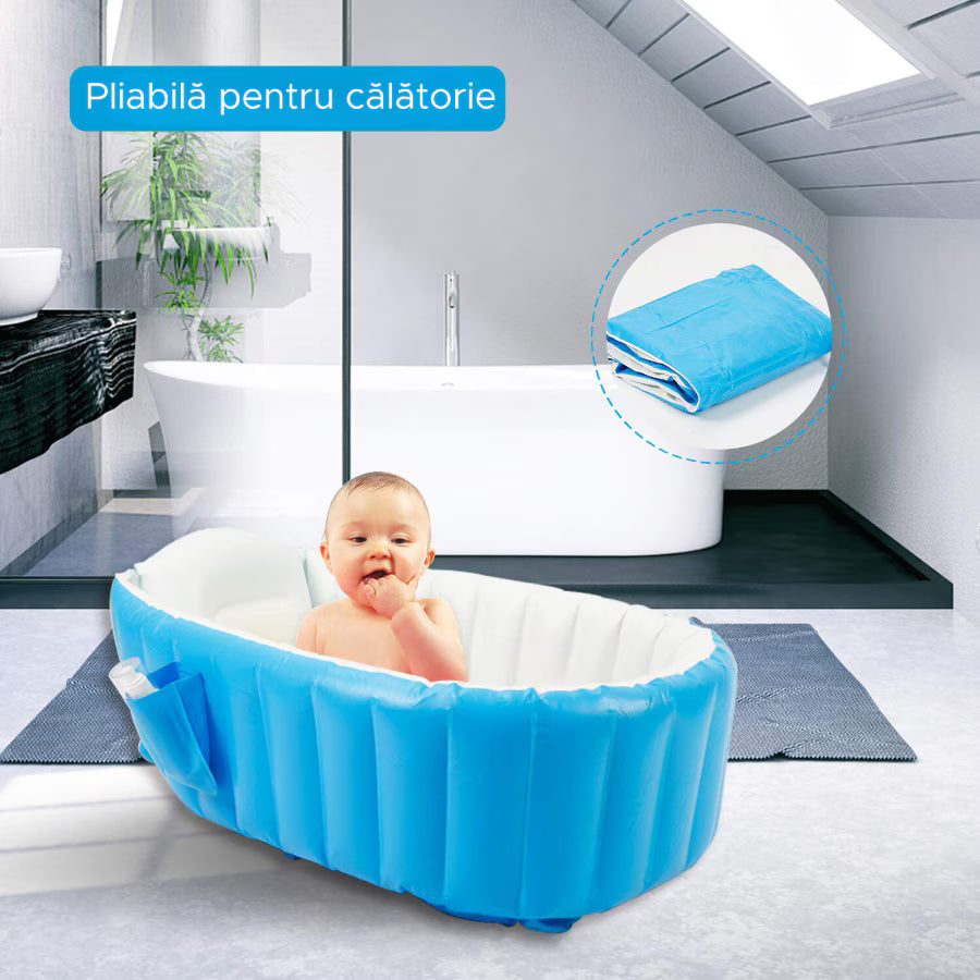 Cadita gonflabila pentru bebelusi si copii, Simply joy, portabila, pliabila, albastra