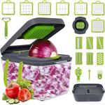 Razatoare multifunctionala pentru legume, cu 22 de accesorii + Recipient ermetic 4-în-1 pentru depozitare, feliere și răzuire brânză