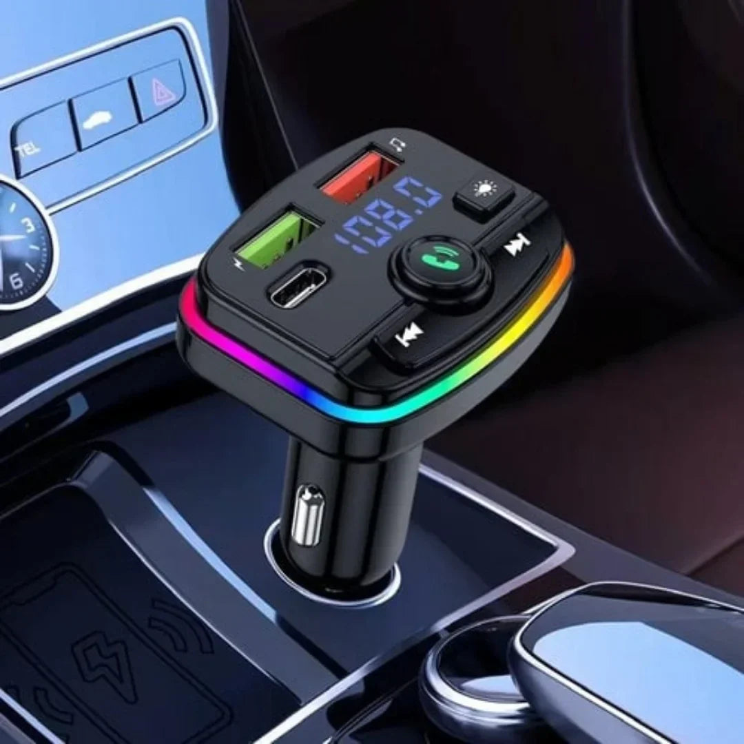 1+1 CADOU Modulator FM Bluetooth 5.0 Auto, Încărcare Rapidă USB-C PD, USB 3.1A, Hands-Free, Lumini RGB, Bass Boost – Negru