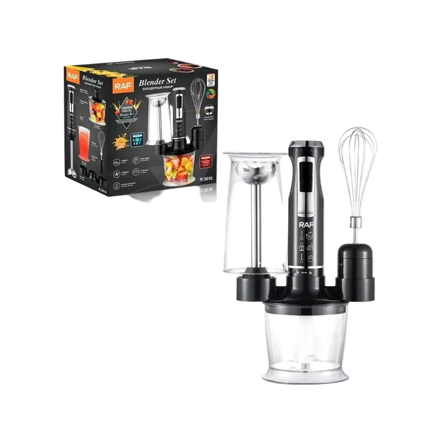 Blender RAF R3010, 4 in 1, 1600W, cu recipient de 500ml, de 600 ml si tel, lame din otel, 41 cm, negru-argintiu