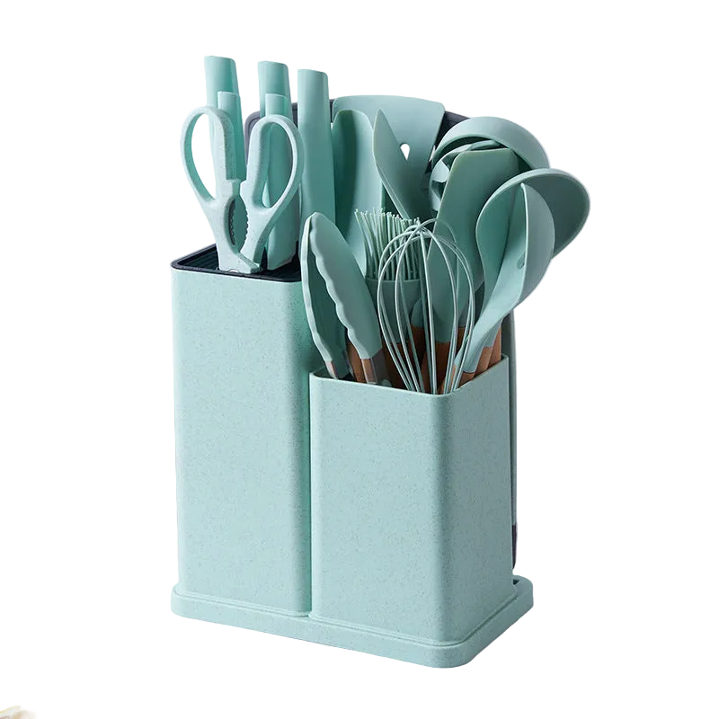 Set 19 ustensile de gatit din silicon cu maner rezistent din bambus, suport si tocator