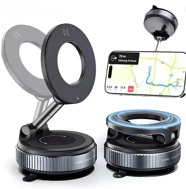1+1 CADOU Suport Telefon Magnetic cu Prindere Vacuum, Rotire 360°, Fără Adeziv, Compatibil MagSafe, Auto și Birou – Negru Strălucitor