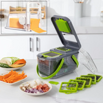 Razatoare multifunctionala pentru legume, cu 22 de accesorii + Recipient ermetic 4-în-1 pentru depozitare, feliere și răzuire brânză