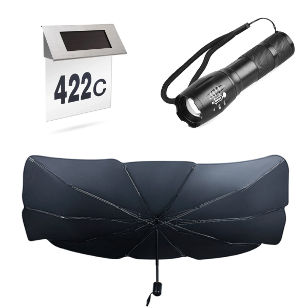 PACHET Numar de casa cu iluminare LED si alimentare solara + Parasolar pliabil tip umbrela pentru parbrizul masinii + Lanterna tactica cu Zoom, rezistenta la apa