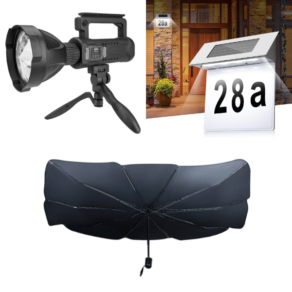 PACHET Lanterna LED, reincarcabila, functie Powerbank, 4 moduri iluminare + Numar de casa cu iluminare LED si alimentare solara + Parasolar pliabil tip umbrela pentru parbrizul masinii