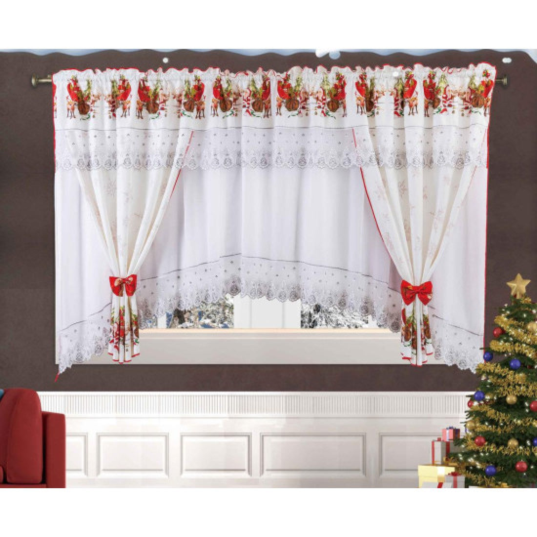 Set perdea cu draperie, motive de craciun, 400x160cm
