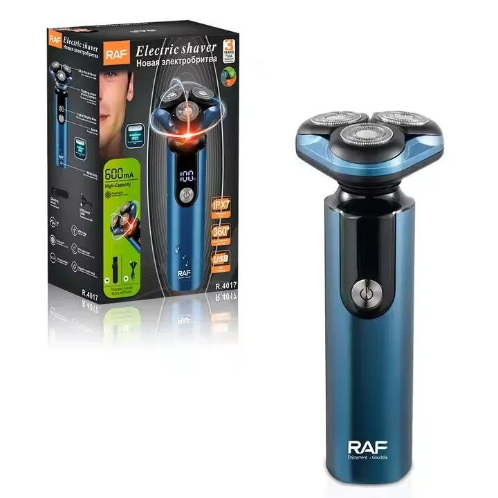 Aparat electric de ras, RAF R4017, 3W, IPX7, 360°, incarcare USB, afisaj digital, 4x14cm, albastru