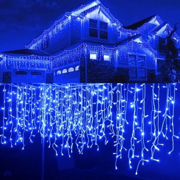 Instalatie LED tip franjuri 12m, de exterior, albastra