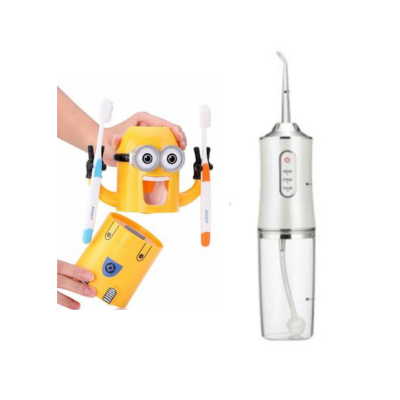 Set: Irigator oral pentru dus bucal, rezervor 200 ml + Dozator pasta de dinti pentru copii, in forma de Minion