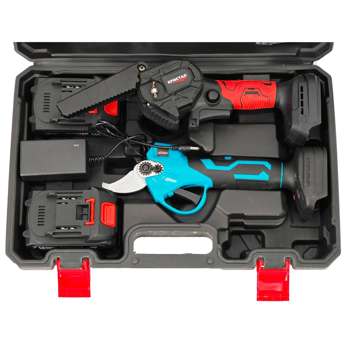 Set foarfeca electrica & mini-drujba cu 2 acumulatori, 24 V, 2 Ah, incarcator, accesorii incluse