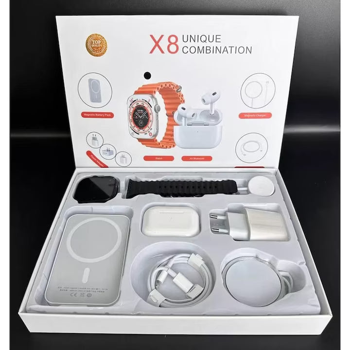 Set complet cu Smartwatch X8 de 2", casti in-ear wireless, incarcator, cabluri, baterie externa, 8 in 1