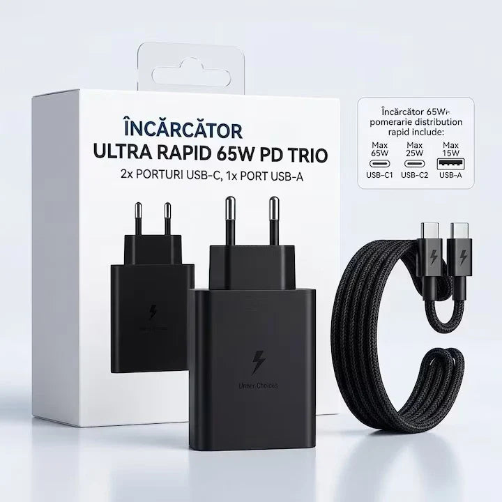 1+1 CADOU Încărcător Rapid 65W PD, Tehnologie GaN, 2x USB-C, 1x USB-A, Super Fast Charging, Cablu USB-C Inclus – Negru