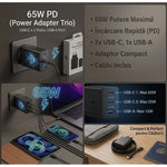 1+1 CADOU Încărcător Rapid 65W PD, Tehnologie GaN, 2x USB-C, 1x USB-A, Super Fast Charging, Cablu USB-C Inclus – Negru