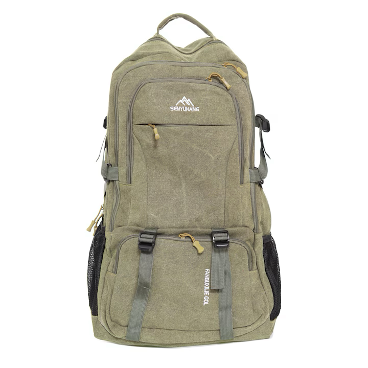 Rucsac munte/drumetie, kaki, 5 compartimente, material textil, 45 l, 60x35x20 cm