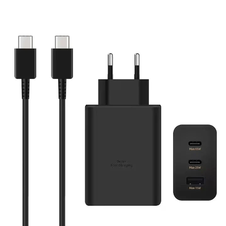 1+1 CADOU Încărcător Rapid 65W PD, Tehnologie GaN, 2x USB-C, 1x USB-A, Super Fast Charging, Cablu USB-C Inclus – Negru