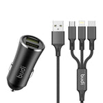1+1 CADOU Încărcător Auto cu 2 Porturi USB, 2.4A, 12W, Cablu 3 în 1 USB-C / Lightning / Micro USB Inclus – Negru