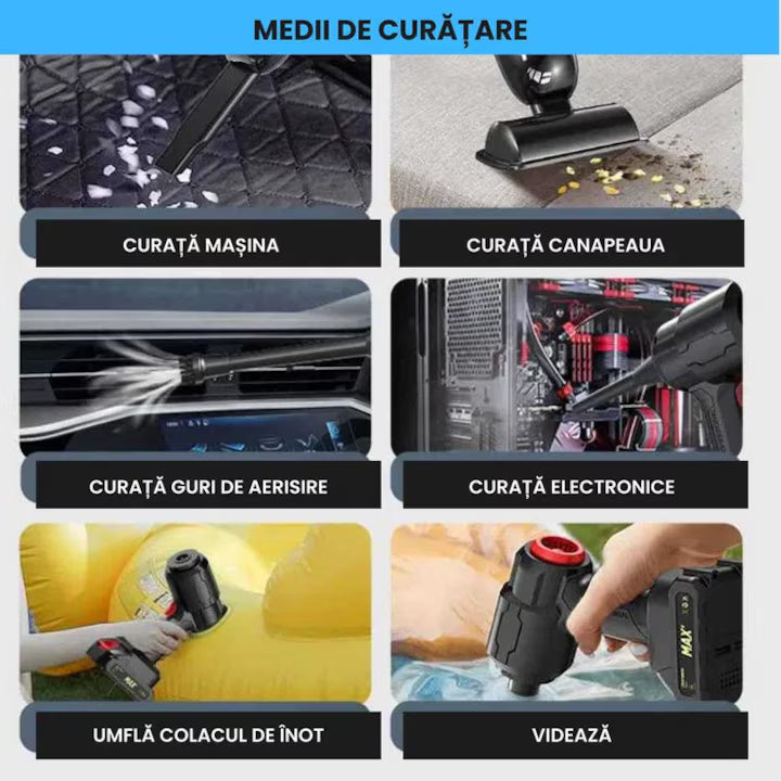 Aspirator auto fără fir 6 în 1 – 100 W, filtru HEPA, aspirare și suflare, negru