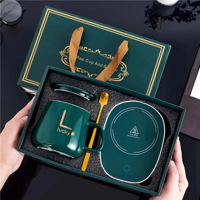 1+1 CADOU Set Cana din ceramica cu autoincalzire si lingurita, cu pad incalzitor prin inductie