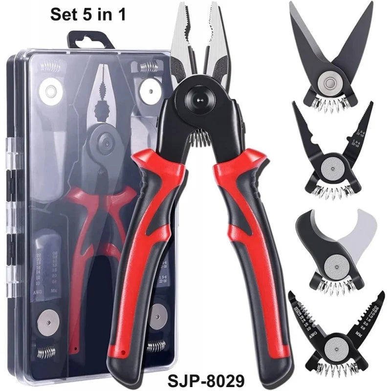 Set de clesti 5 in 1 multifunctiona, cap interschimbabil, maner ergonomic, negru/rosu