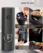 Set electric de rasnite pentru sare si piper, 2 bucati, negru, cu suport, functionare automata, ajustare grosime, 70ml
