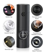Set electric de rasnite pentru sare si piper, 2 bucati, negru, cu suport, functionare automata, ajustare grosime, 70ml