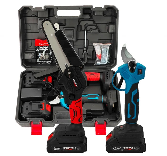 Set foarfeca electrica & mini-drujba cu 2 acumulatori, 24 V, 2 Ah, incarcator, accesorii incluse