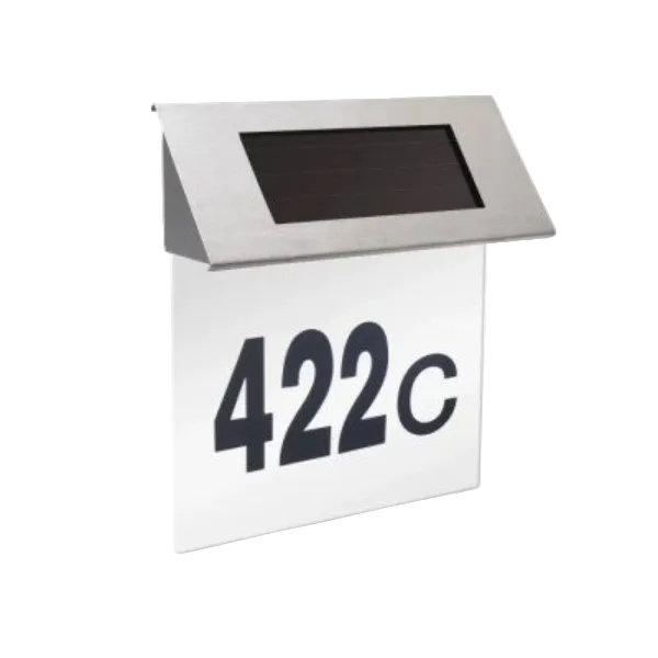 Numar de casa cu iluminare LED si alimentare solara, panou solar inox