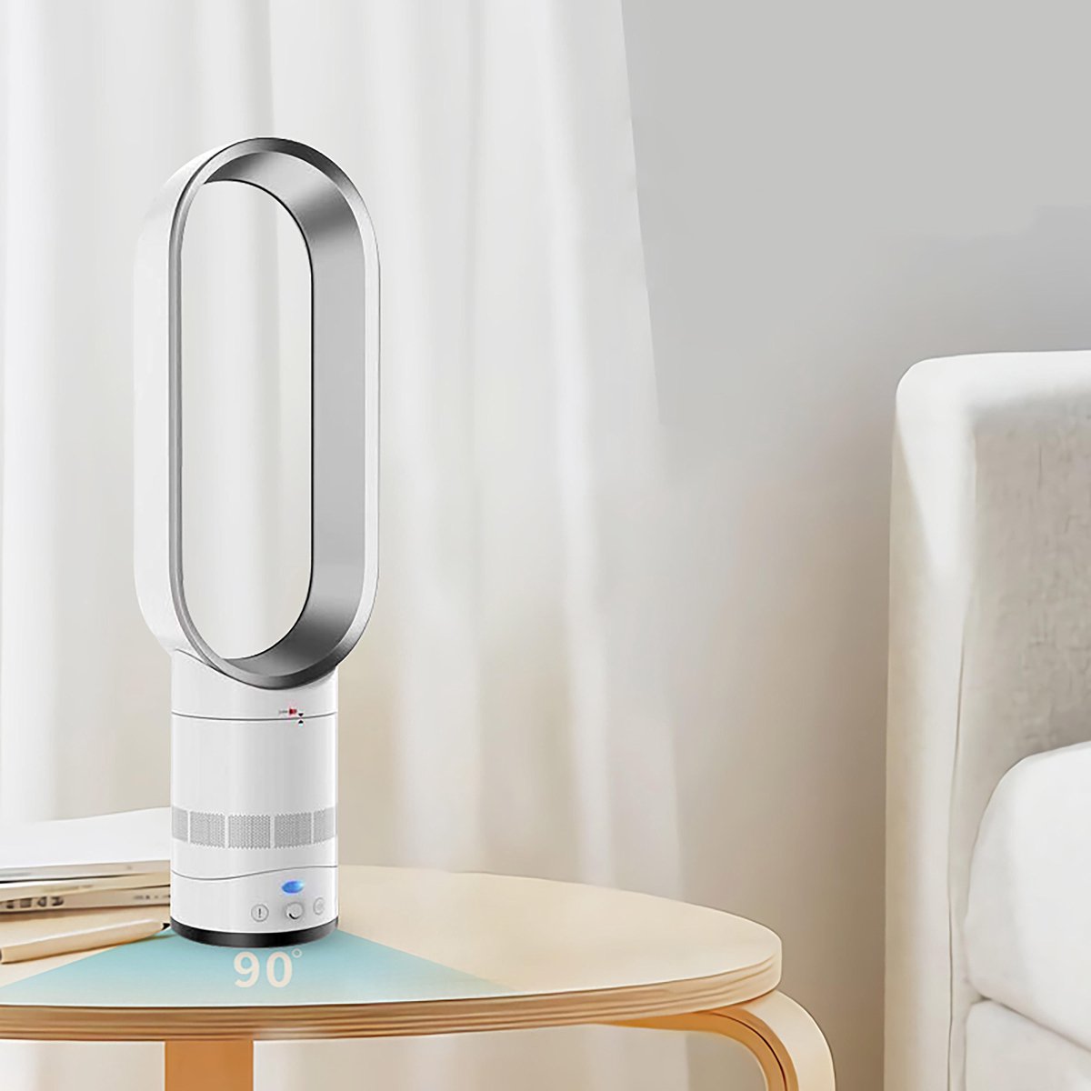 Ventilator fără pale, alb-argintiu, tip coloană, 16 inch, telecomandă inteligentă cu oscilație și temporizator