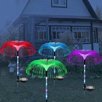 Set 2 x lampa solara tip palmier, cu fibra optica LED RGB, pentru gradina