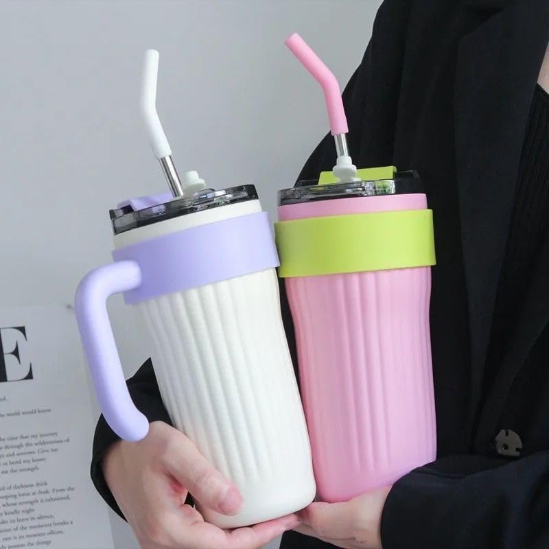 Set 4 x Pahar termic de 860 ml cu maner, capac si pai, izolat, din otel inoxidabil, reutilizabil, ideal pentru cafea si calatorii.