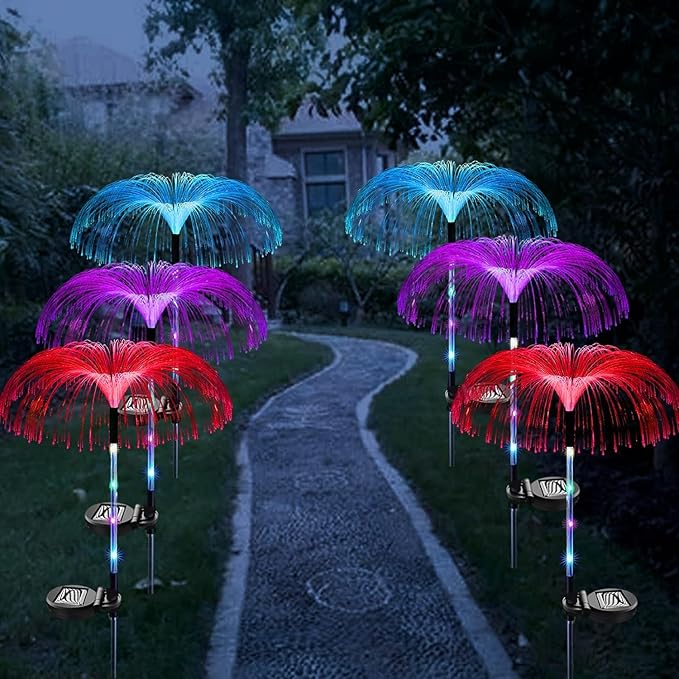 Set 2 x lampa solara tip palmier, cu fibra optica LED RGB, pentru gradina
