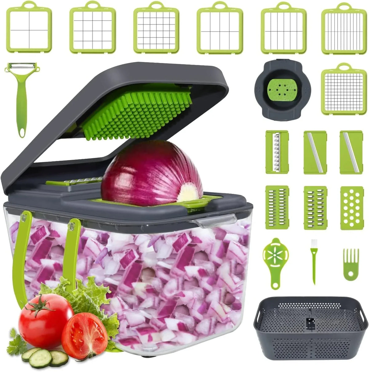 Razatoare multifunctionala pentru legume, cu 22 de accesorii + Recipient ermetic 4-în-1 pentru depozitare, feliere și răzuire brânză