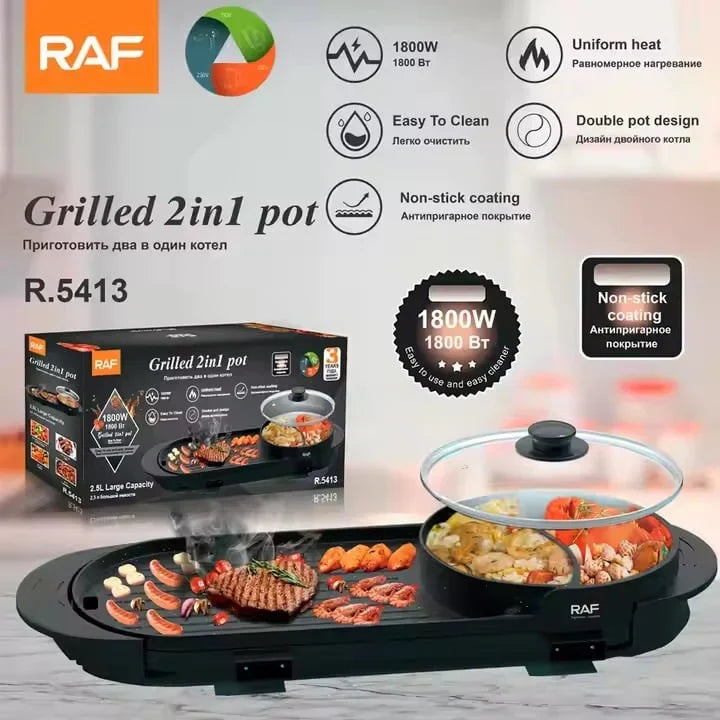 Plită Electrică 2în1 RAF R5413 1800 W, 2.5 L capacitate, cu capac, 160℃-220℃, 70x25x10 cm
