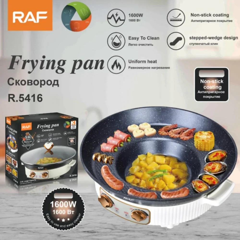 Tigaie electrică 2 în 1, RAF R5416, 1600W, 2L, cu capac și suprafață de prăjire/fierbere