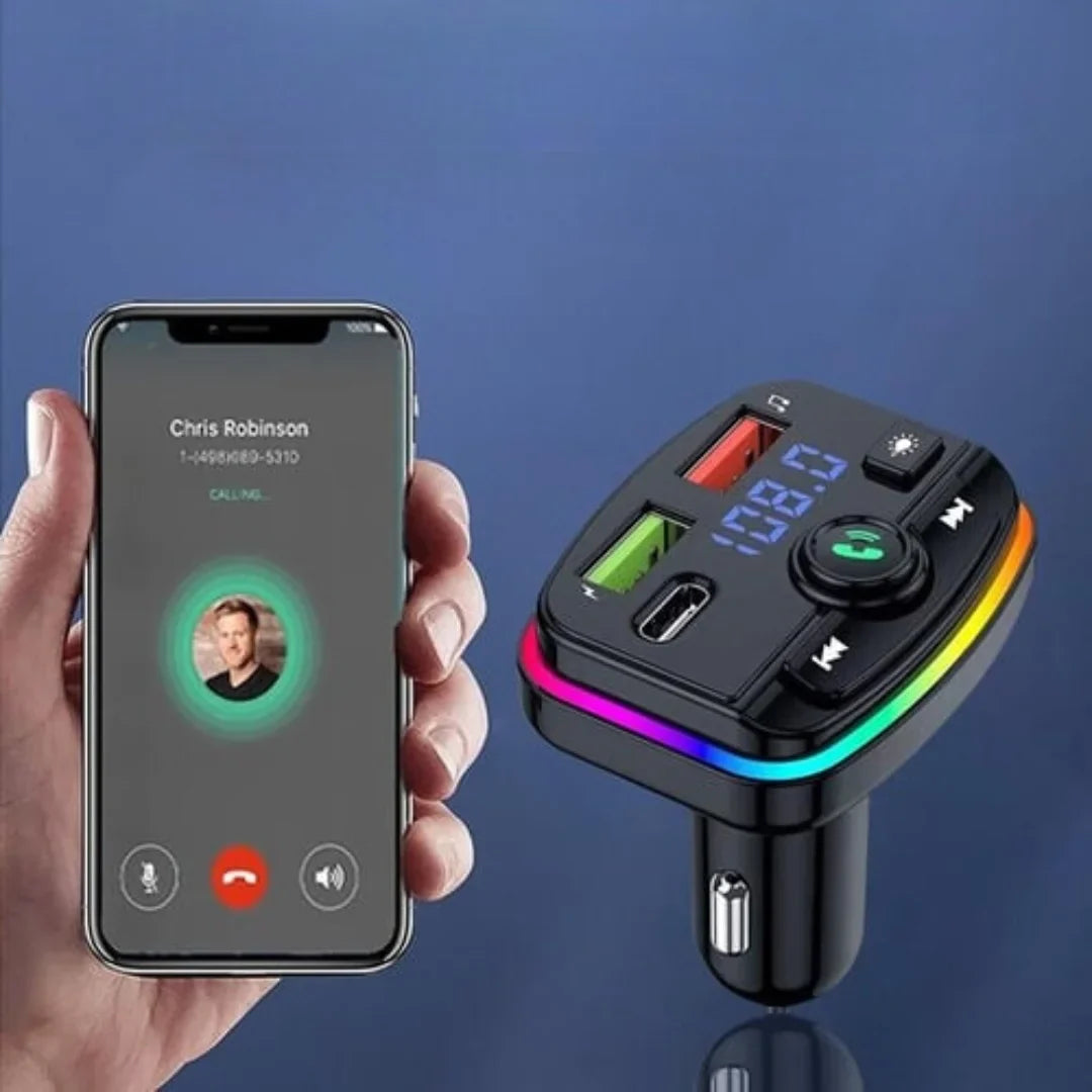 1+1 CADOU Modulator FM Bluetooth 5.0 Auto, Încărcare Rapidă USB-C PD, USB 3.1A, Hands-Free, Lumini RGB, Bass Boost – Negru