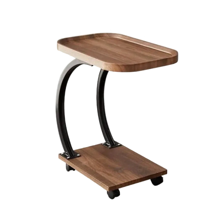 Masuta de cafea pentru living, design nordic in formă de C, cu 2 niveluri, pe roți 52x34x60cm