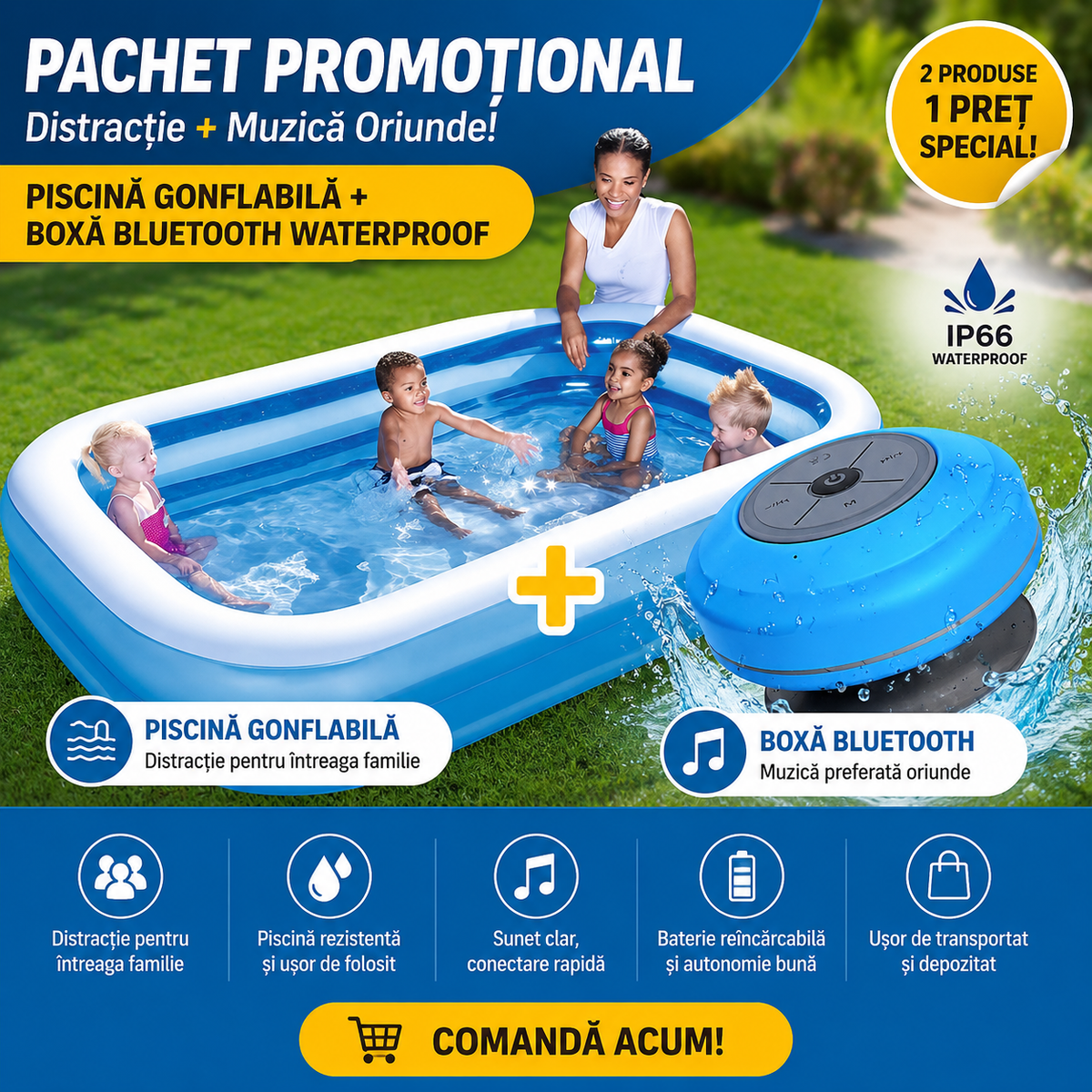 Piscina gonflabila 200 x 120 x 40 cm, 2 inele + Boxa Portabila Rezistenta la Apa