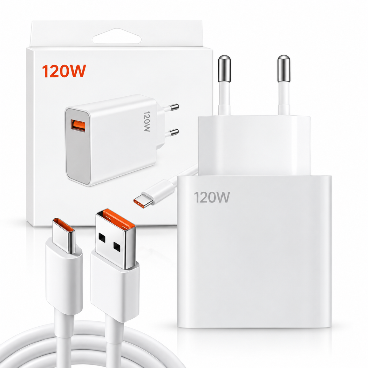 1+1 CADOU Adaptor de Încărcare Rapidă 120W cu Cablu USB-C Inclus, Port USB-A, 1 m – Alb
