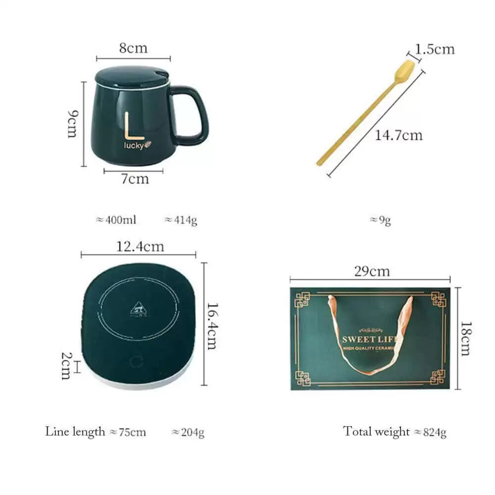 1+1 CADOU Set Cana din ceramica cu autoincalzire si lingurita, cu pad incalzitor prin inductie
