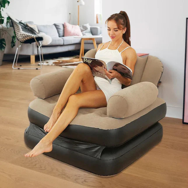 Fotoliu gonflabil 2-in-1, pliabil, multifunctional, potrivit pentru dormitor si living, usor de depozitat, maro/negru