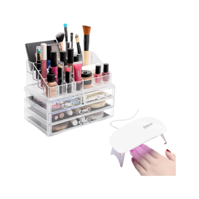 Organizator pentru cosmetice, cu sertare, incapator + Mini lampa UV pentru unghii CADOU