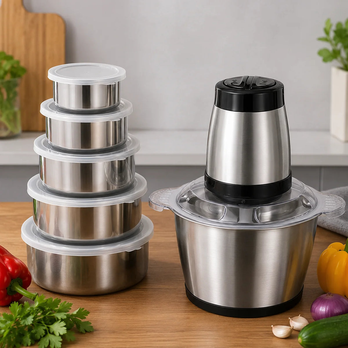 Tocător Electric 3L 1000W din Inox + Set 5 Caserole Metalice cu Capac CADOU