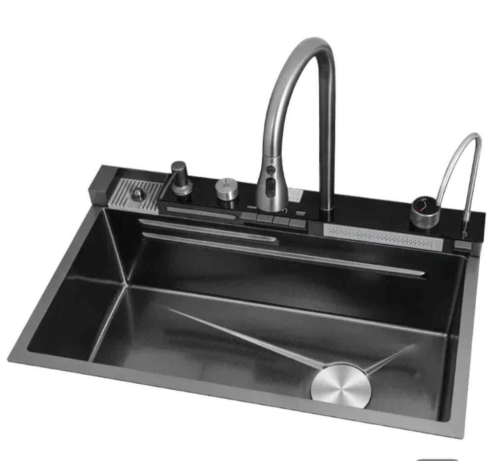 Chiuvetă multifuncțională – Cascadă dublă, Afișaj digital, Robinet, 750x460mm, Negru