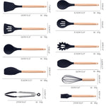 Set 19 ustensile de gatit din silicon cu maner rezistent din bambus, suport si tocator