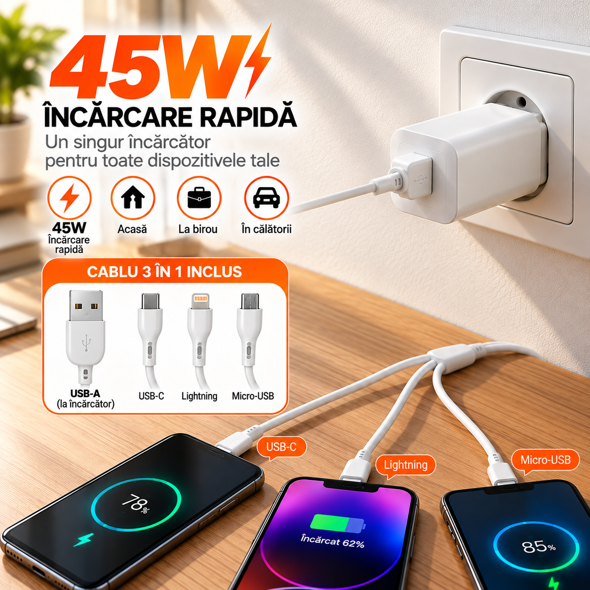 1+1 CADOU Încărcător Rapid 45W, Cablu 3 în 1 USB-C / Lightning / Micro USB Inclus, Port USB-A, Ștecăr European – Alb