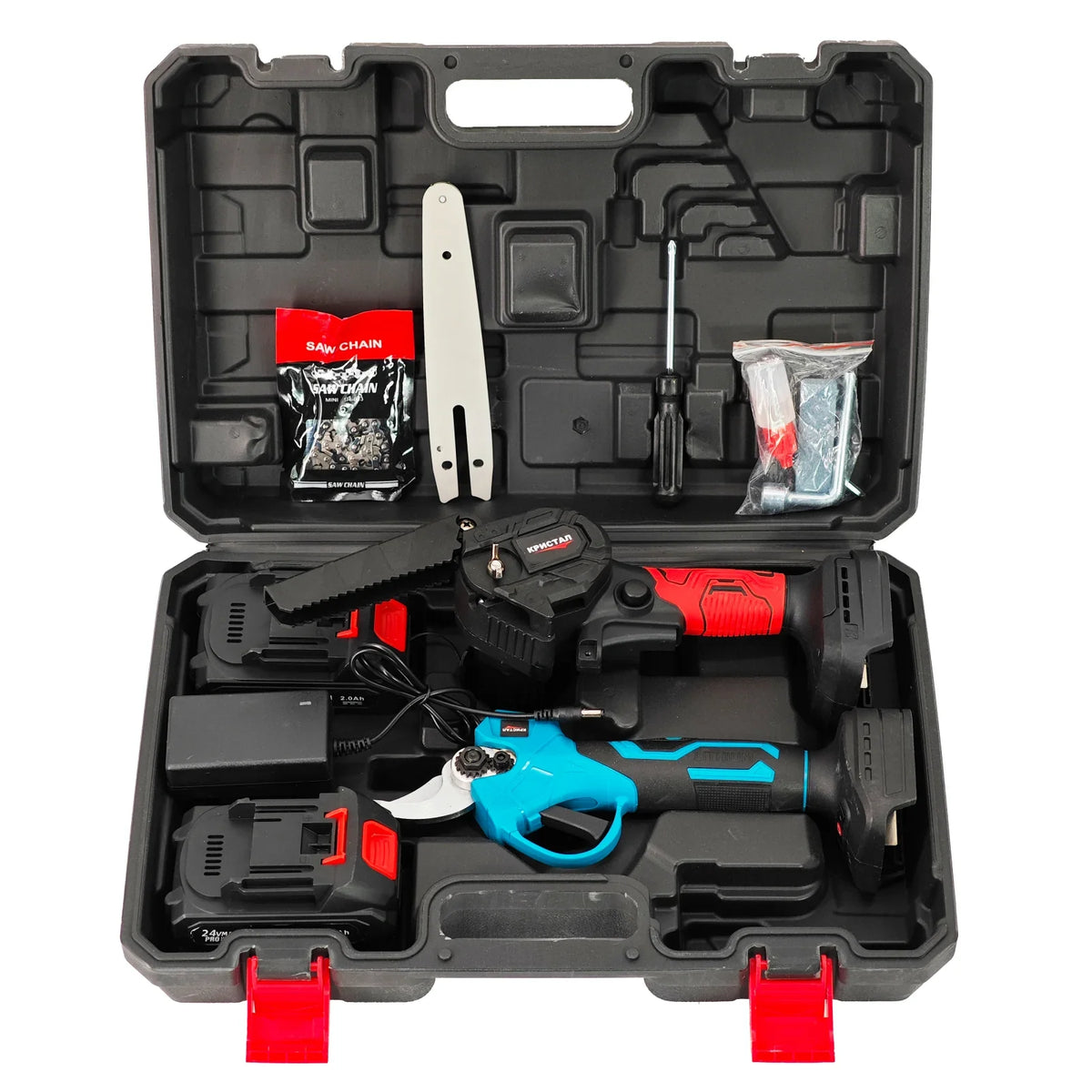 Set foarfeca electrica & mini-drujba cu 2 acumulatori, 24 V, 2 Ah, incarcator, accesorii incluse